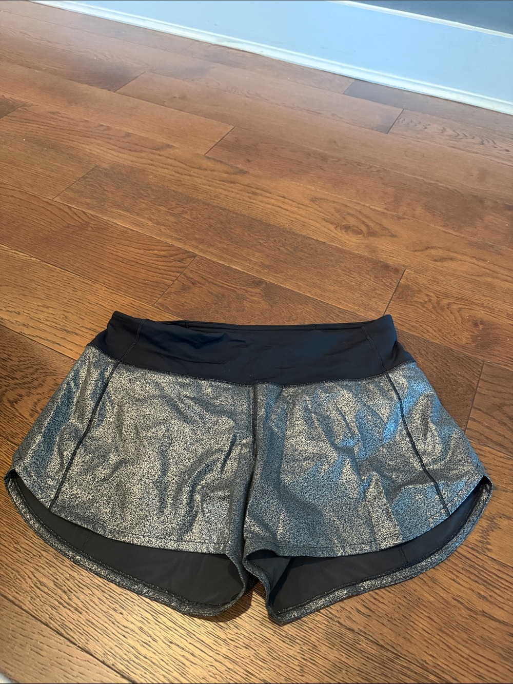 lululemon athletica Metallic Silver Athletic Shorts with Black Waistband